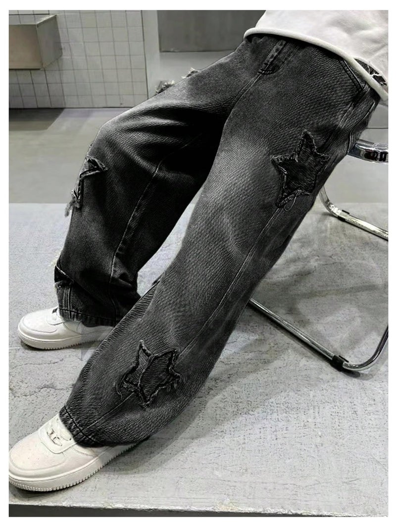 SHENHE Boy's Star Baggy Jeans Teen Boys Straight Wide Leg Denim Pants with Pockets Black 10-11Y - Image 4
