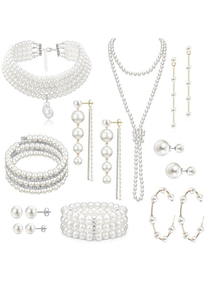 EIELO - 16 Pcs Pearl Necklace Earrings Set For Women Girls Simulated Pearl Bracelet Faux Pearl Necklace Dangle Earrings Jewelry Set - Image 1