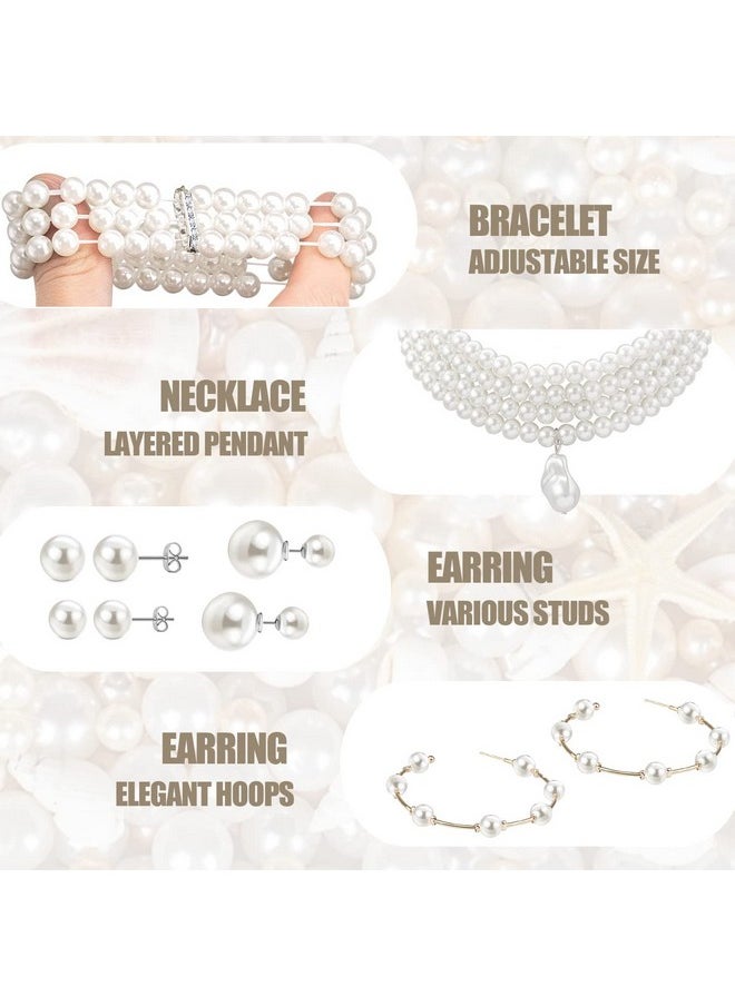 EIELO - 16 Pcs Pearl Necklace Earrings Set For Women Girls Simulated Pearl Bracelet Faux Pearl Necklace Dangle Earrings Jewelry Set - Image 1