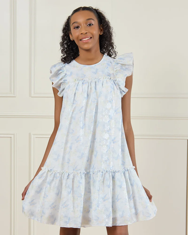 Redtag Senior Girls Blue Butterfly Print Sateen Dress