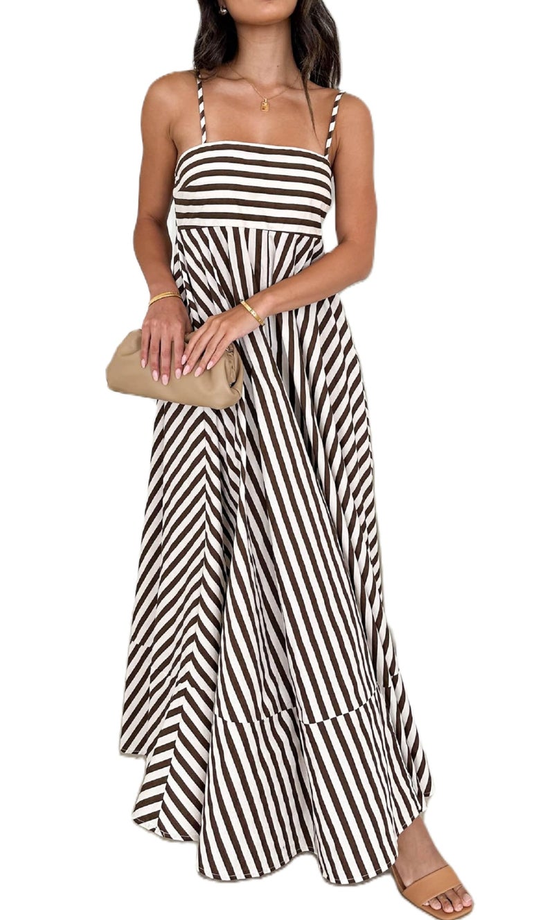 KMBANGI Women Striped Sleeveless Maxi Dress Swing Cutout Midi Dress Backless Smocked Spaghetti Strap Boho Flowy Long Sundress(Brown Stripes,L) - Image 1