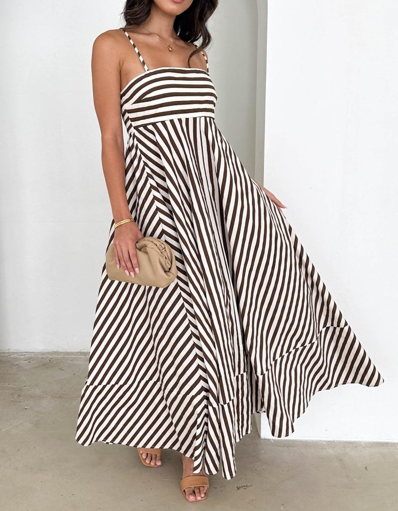 KMBANGI Women Striped Sleeveless Maxi Dress Swing Cutout Midi Dress Backless Smocked Spaghetti Strap Boho Flowy Long Sundress(Brown Stripes,L) - Image 2