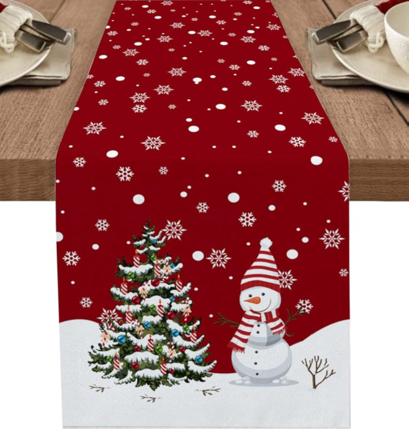 Merry Christmas Cotton Linen Table Runner Dresser Scarves,Winter Snow Xmas Tree Snowman Snowflake Table Runners for Dinning Table,Farmhouse Kitchen Decor,Holiday Dinner Decoration-13x108 Inch