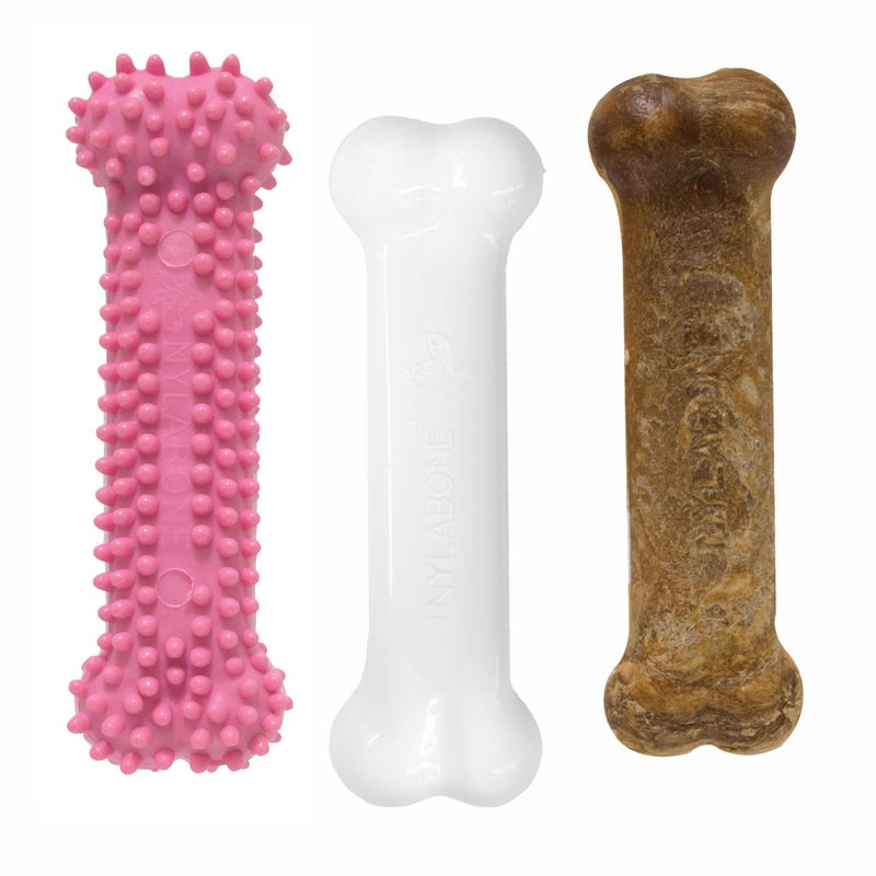 Nylabone Puppy Chew Toys & Natural Treat Triple Pack, Puppy Enrichment Teething Toys, Pink, Chicken & Bacon Flavor, Small Dogs - Up to 25 Ibs, 3 Pack - Image 1