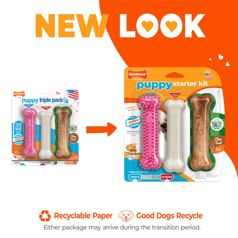 Nylabone Puppy Chew Toys & Natural Treat Triple Pack, Puppy Enrichment Teething Toys, Pink, Chicken & Bacon Flavor, Small Dogs - Up to 25 Ibs, 3 Pack - Image 3