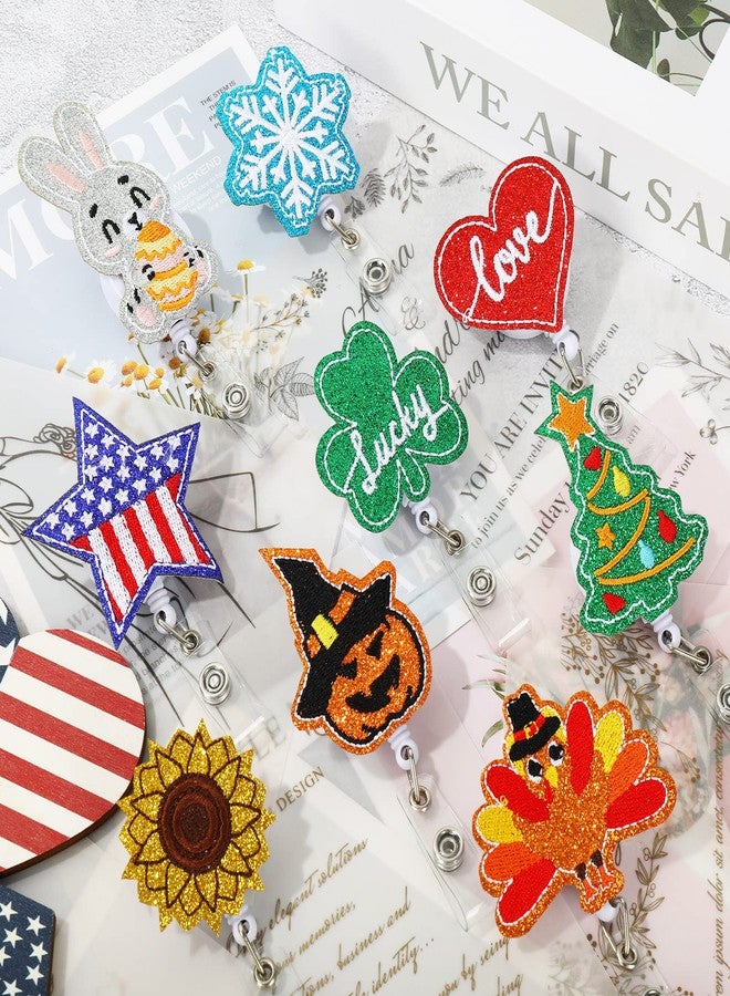 وولاين مجموعة Whaline المكونة من 9 قطع من بكرات شارات لامعة موسمية من اللباد، تتضمن أشكال قلب الحب، والبرسيم المحظوظ، والأرنب، والنجمة المخططة، وعباد الشمس، واليقطين، والديك الرومي، وشجرة عيد الميلاد، وندفة الثلج، وحاملات شارات تعريفية تحمل أسماء العطلات، مناسبة للمكاتب والمدارس والممرضات. - Image 4