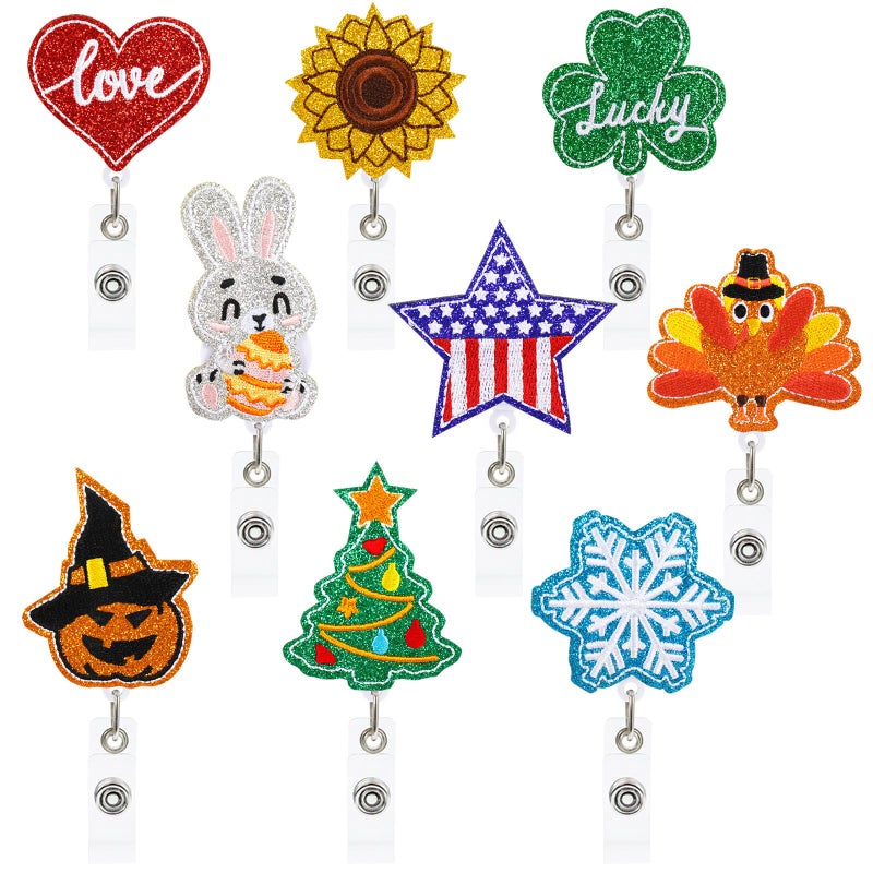 وولاين مجموعة Whaline المكونة من 9 قطع من بكرات شارات لامعة موسمية من اللباد، تتضمن أشكال قلب الحب، والبرسيم المحظوظ، والأرنب، والنجمة المخططة، وعباد الشمس، واليقطين، والديك الرومي، وشجرة عيد الميلاد، وندفة الثلج، وحاملات شارات تعريفية تحمل أسماء العطلات، مناسبة للمكاتب والمدارس والممرضات. - Image 1