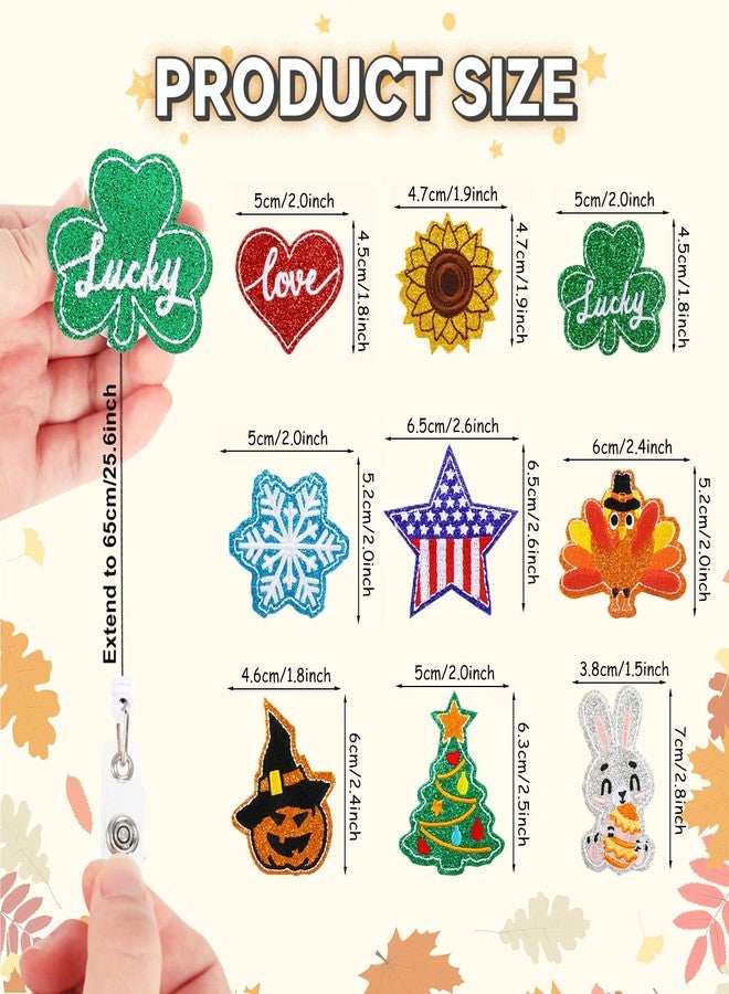 وولاين مجموعة Whaline المكونة من 9 قطع من بكرات شارات لامعة موسمية من اللباد، تتضمن أشكال قلب الحب، والبرسيم المحظوظ، والأرنب، والنجمة المخططة، وعباد الشمس، واليقطين، والديك الرومي، وشجرة عيد الميلاد، وندفة الثلج، وحاملات شارات تعريفية تحمل أسماء العطلات، مناسبة للمكاتب والمدارس والممرضات. - Image 2