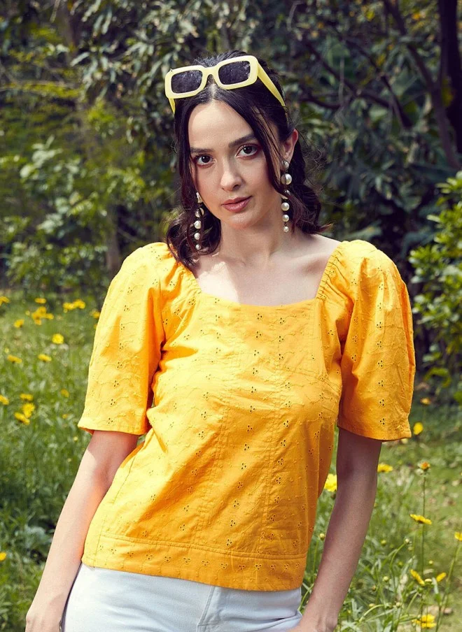 SASSAFRAS Mustard Yellow Schiffli Top for Women