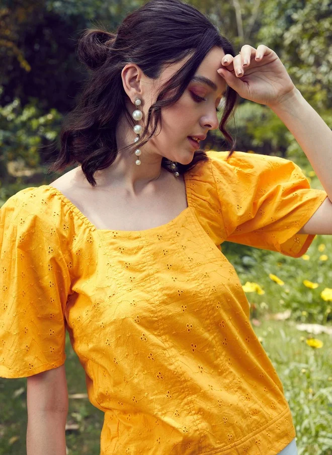 SASSAFRAS Mustard Yellow Schiffli Top for Women