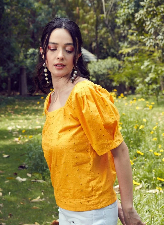 SASSAFRAS Mustard Yellow Schiffli Top for Women