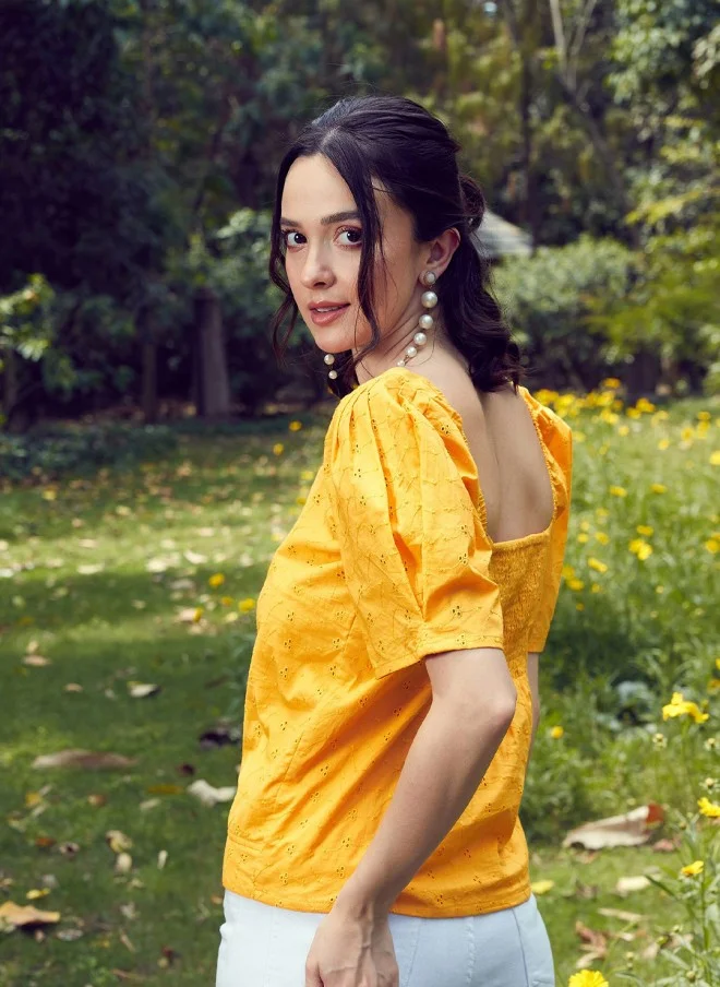 SASSAFRAS Mustard Yellow Schiffli Top for Women