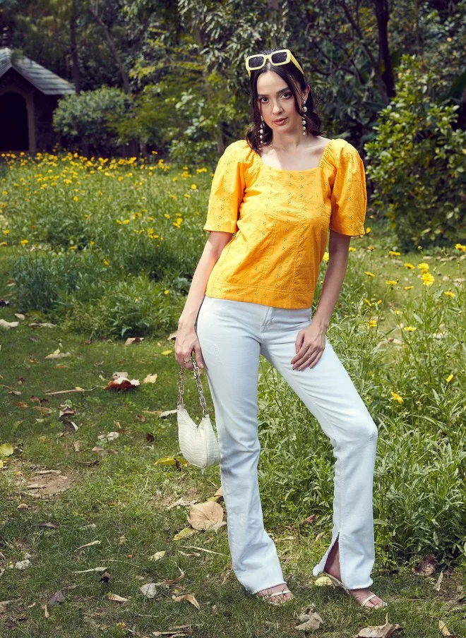 SASSAFRAS Mustard Yellow Schiffli Top for Women