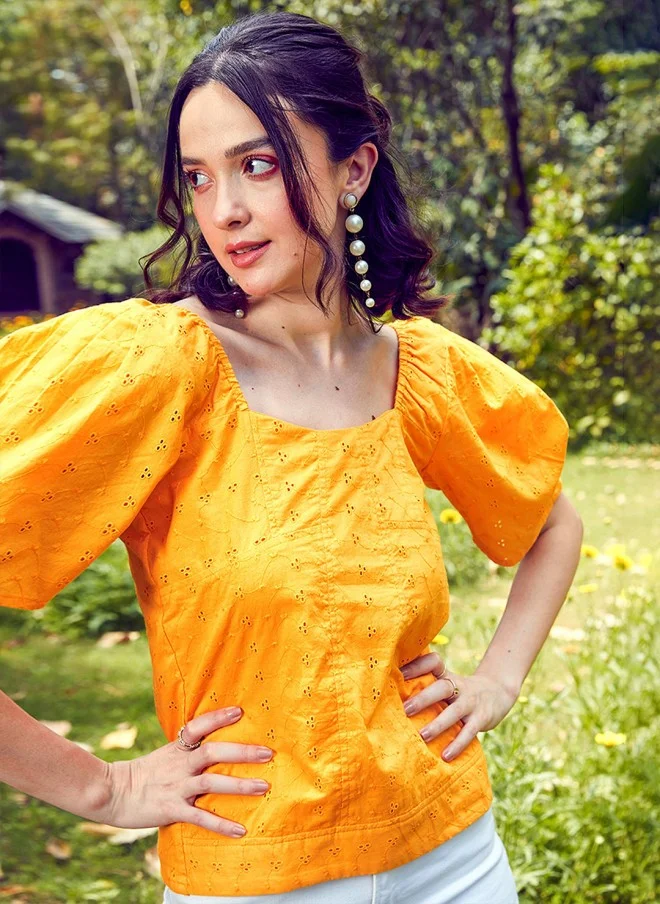 SASSAFRAS Mustard Yellow Schiffli Top for Women