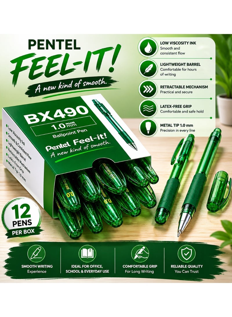 Pentel - Feel-It! - 1.0mm Ergonomic Stick Ballpoint Pen - BX490 - Box of 12 (Green) - Image 4