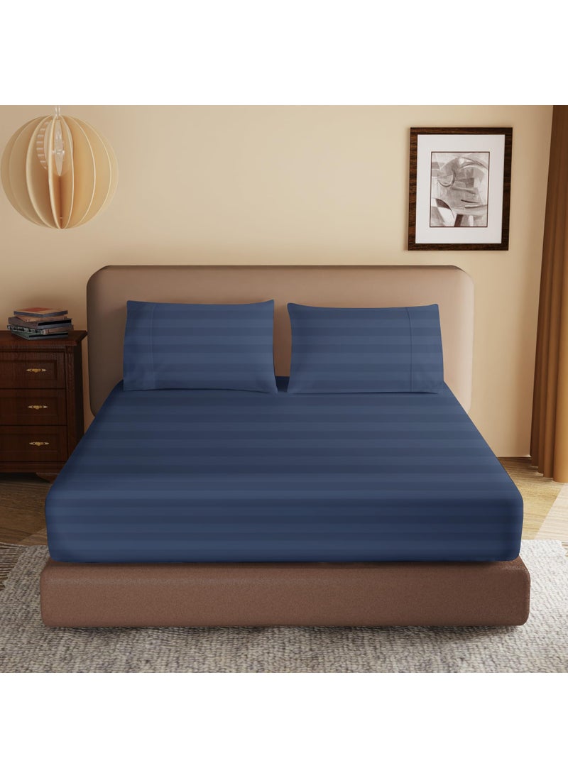 Zaizaihome 100% Egyptian Cotton Fitted Sheet Twin-XL/Split King Size  600 Thread Count  Single Fitted Sheet Only 8 -16"" Deep Pocket Sheet  Soft & Elastic Sateen Weave Bottom Sheet (Navy Blue-Stripe  Twin-XL)  - Image 1