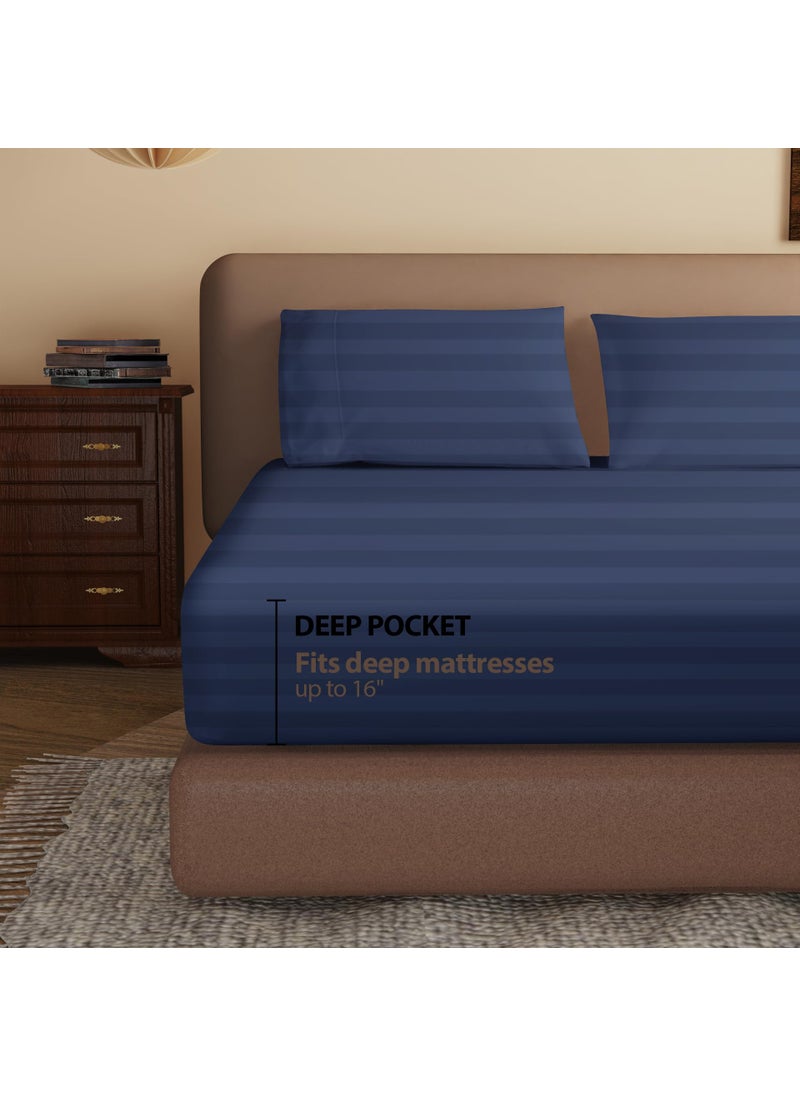 Zaizaihome 100% Egyptian Cotton Fitted Sheet Twin-XL/Split King Size  600 Thread Count  Single Fitted Sheet Only 8 -16"" Deep Pocket Sheet  Soft & Elastic Sateen Weave Bottom Sheet (Navy Blue-Stripe  Twin-XL)  - Image 2