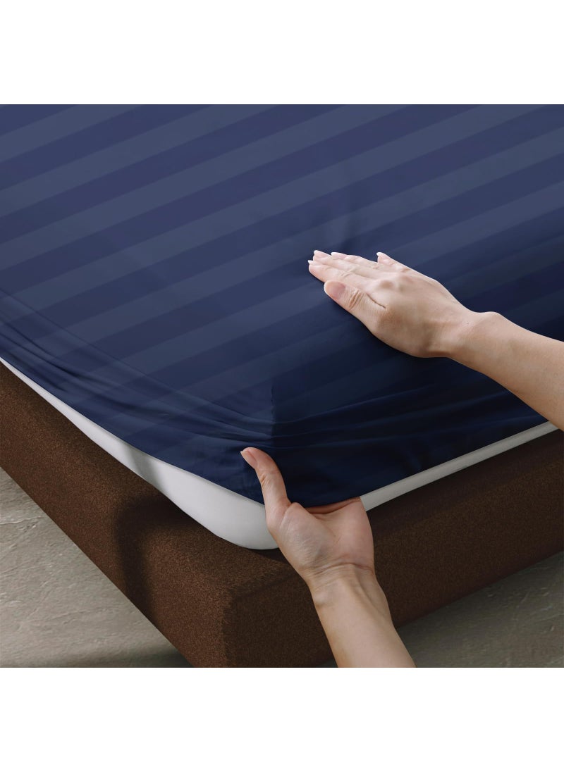 Zaizaihome 100% Egyptian Cotton Fitted Sheet Twin-XL/Split King Size  600 Thread Count  Single Fitted Sheet Only 8 -16"" Deep Pocket Sheet  Soft & Elastic Sateen Weave Bottom Sheet (Navy Blue-Stripe  Twin-XL)  - Image 5