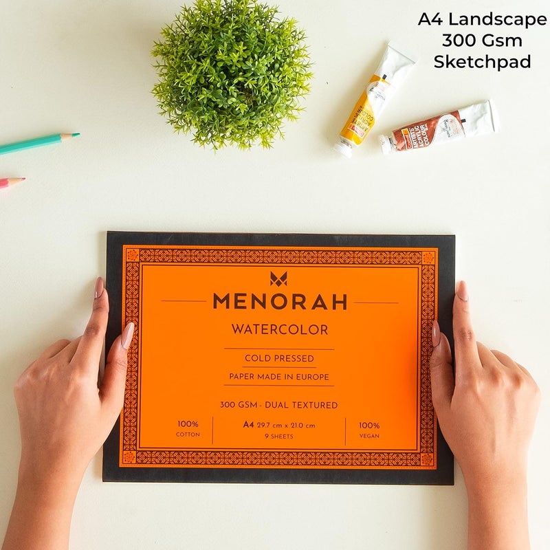 MENORAH – A4-300 GSM Water Color Paper- 100% Cotton Artists Sketch Pad- Loose Sheets (21.0 cm x 29.7 cm)- (9 Sheets / 18 Pages) – Ideal for Watercolour, Acrylic, Gouache, Pencil - Image 2