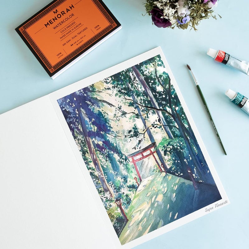 MENORAH – A4-300 GSM Water Color Paper- 100% Cotton Artists Sketch Pad- Loose Sheets (21.0 cm x 29.7 cm)- (9 Sheets / 18 Pages) – Ideal for Watercolour, Acrylic, Gouache, Pencil - Image 3