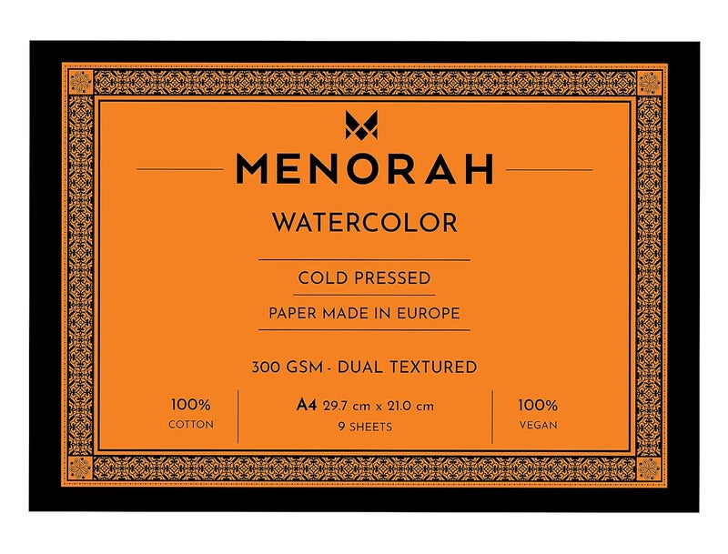 MENORAH – A4-300 GSM Water Color Paper- 100% Cotton Artists Sketch Pad- Loose Sheets (21.0 cm x 29.7 cm)- (9 Sheets / 18 Pages) – Ideal for Watercolour, Acrylic, Gouache, Pencil - Image 1