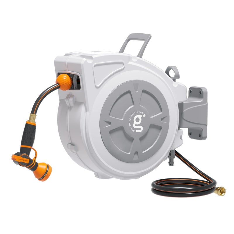 Giraffe Tools Retractable Hose Reel 1/2" x 65 ft Heavy Duty Water Hose Reel, Swivel Bracket, Any Length Lock, with 9-Function Sprayer Nozzle - Image 1
