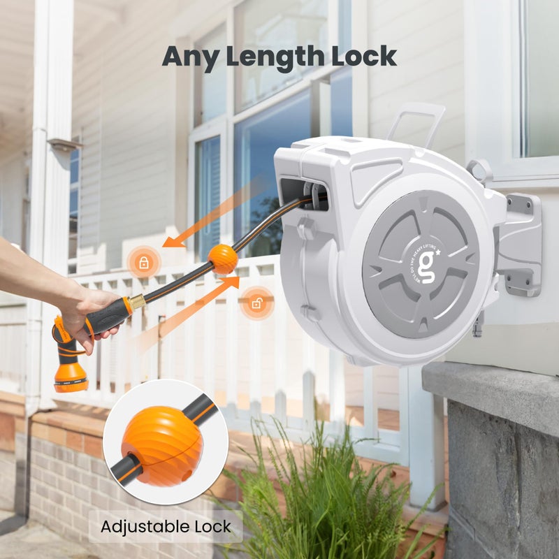 Giraffe Tools Retractable Hose Reel 1/2" x 65 ft Heavy Duty Water Hose Reel, Swivel Bracket, Any Length Lock, with 9-Function Sprayer Nozzle - Image 3