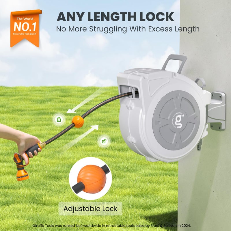 Giraffe Tools Retractable Hose Reel 1/2" x 65 ft Heavy Duty Water Hose Reel, Swivel Bracket, Any Length Lock, with 9-Function Sprayer Nozzle - Image 2