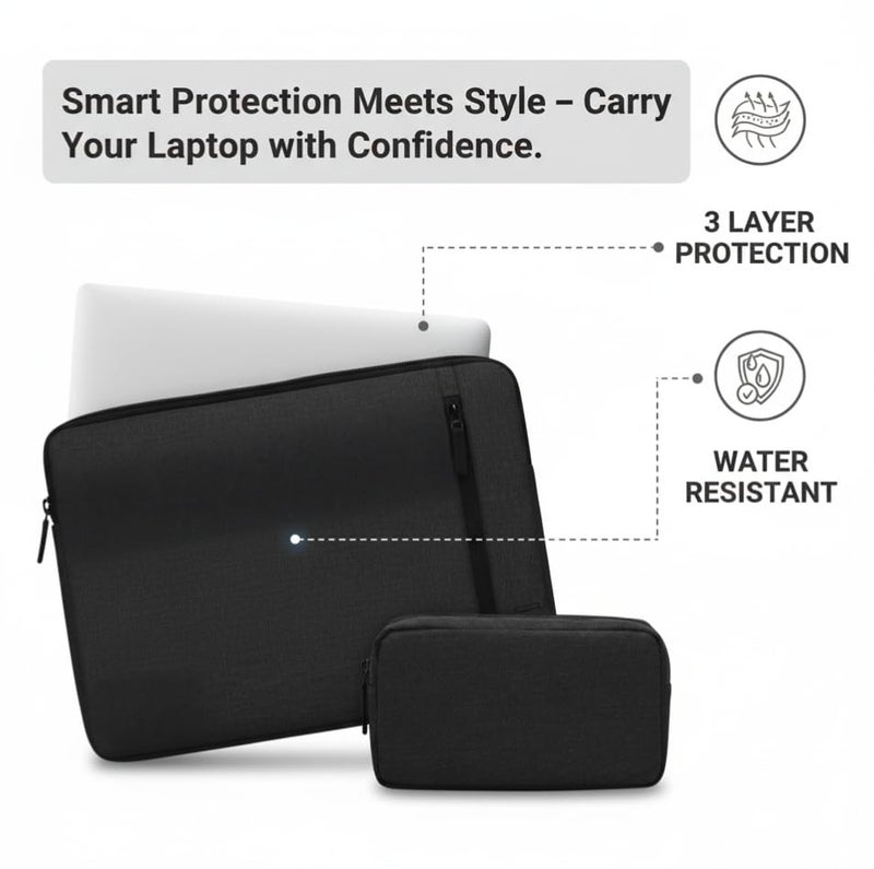 VIHOMI 16-inch Laptop Sleeve with Charger Pouch | Fits 15–15.6 inch Laptops | Waterproof, Shockproof & Stylish Cover | Unisex Laptop Case for Office, Travel & Daily Use | Black - Image 3