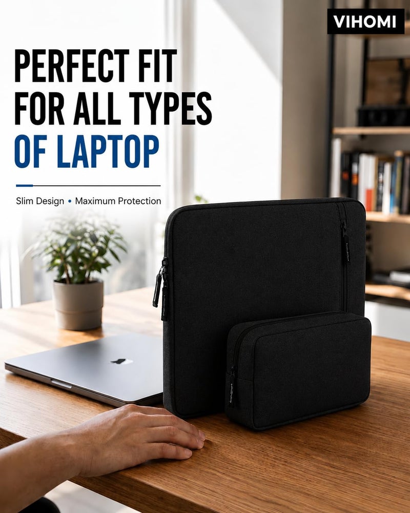 VIHOMI 16-inch Laptop Sleeve with Charger Pouch | Fits 15–15.6 inch Laptops | Waterproof, Shockproof & Stylish Cover | Unisex Laptop Case for Office, Travel & Daily Use | Black - Image 2