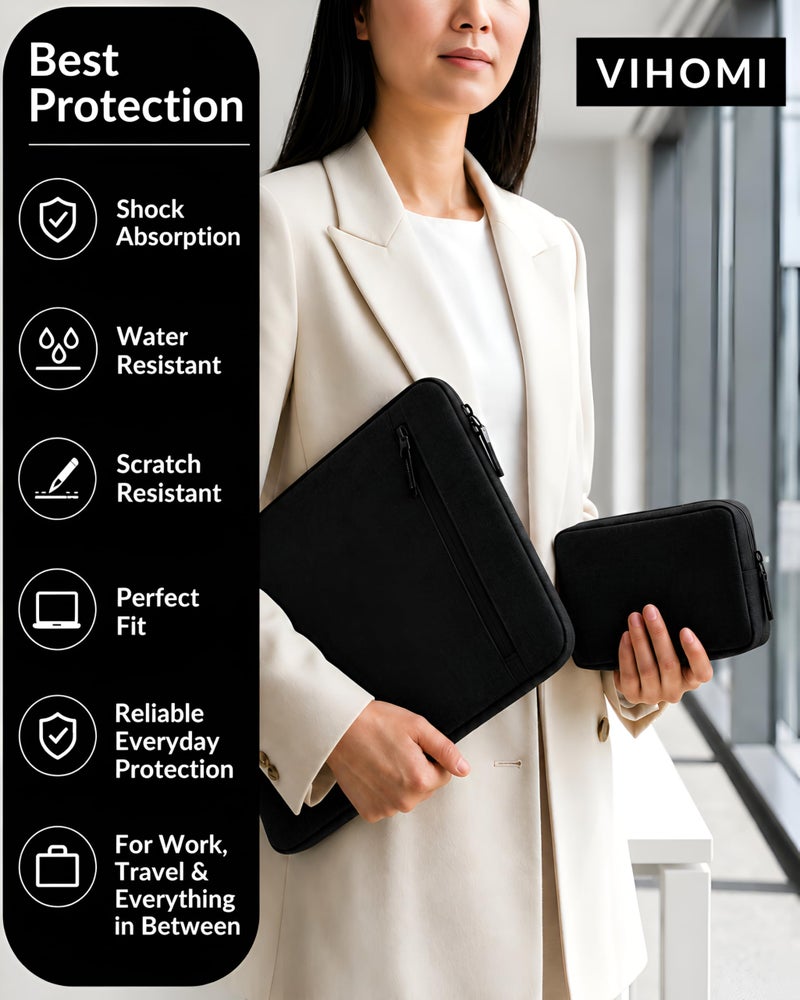 VIHOMI 16-inch Laptop Sleeve with Charger Pouch | Fits 15–15.6 inch Laptops | Waterproof, Shockproof & Stylish Cover | Unisex Laptop Case for Office, Travel & Daily Use | Black - Image 4