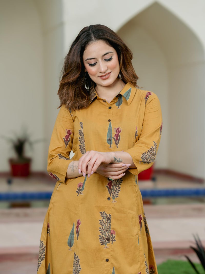 Arayna Women’s Pure Cotton Printed A-Line Kurta Set with Pants | Button-Down Collar Kurta, Mustard Yellow, Large - Image 5
