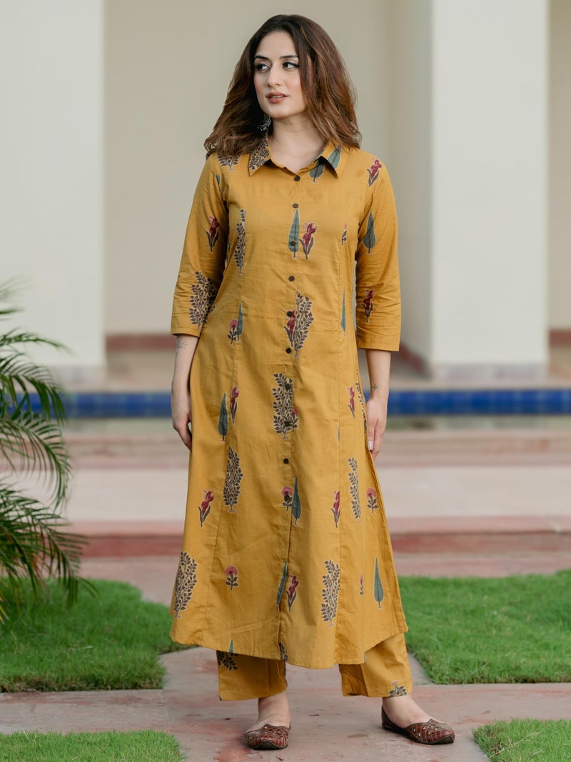 Arayna Women’s Pure Cotton Printed A-Line Kurta Set with Pants | Button-Down Collar Kurta, Mustard Yellow, Large - Image 2