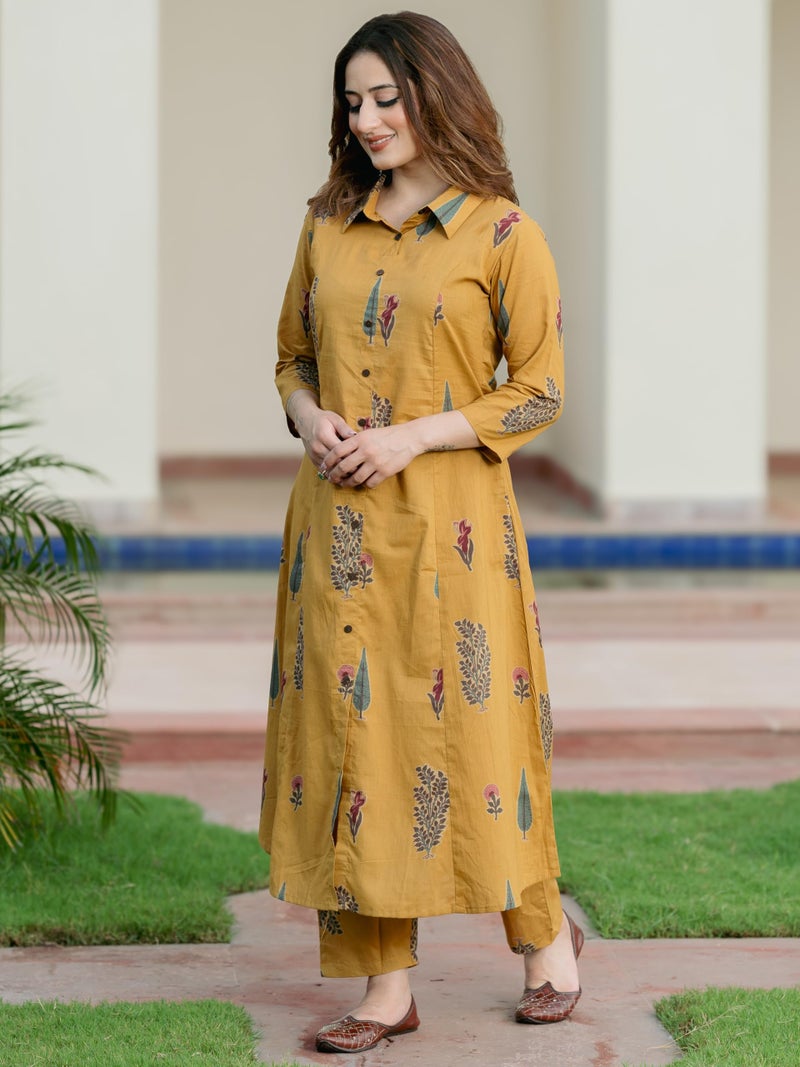 Arayna Women’s Pure Cotton Printed A-Line Kurta Set with Pants | Button-Down Collar Kurta, Mustard Yellow, Large - Image 4