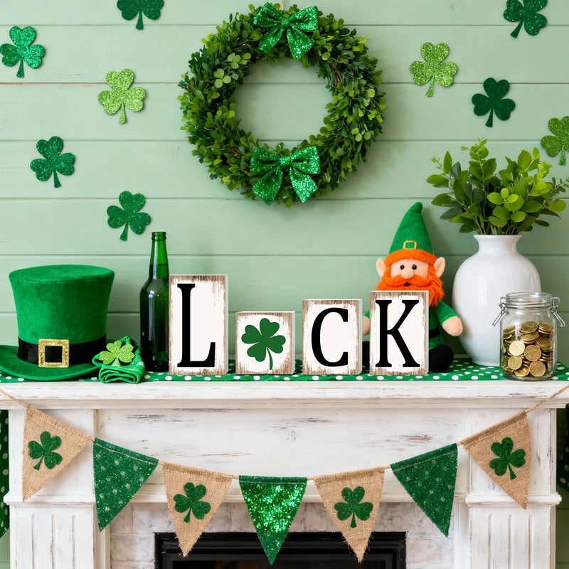 Sionoiur Valentines Day Love Wooden Table Signs Decorations 4pcs, Love & Luck Reversible Valentine's Day/St. Patrickâ€™s Day Centerpieces Decor for Tiered Tray Home, Rustic Block Reversible Sign - Image 4