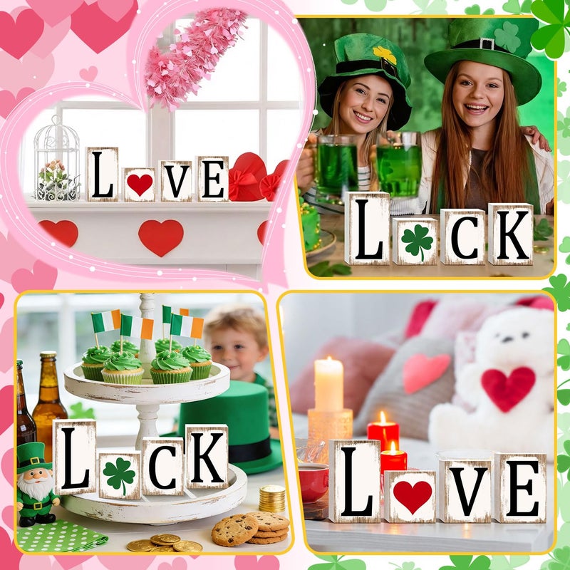 Sionoiur Valentines Day Love Wooden Table Signs Decorations 4pcs, Love & Luck Reversible Valentine's Day/St. Patrickâ€™s Day Centerpieces Decor for Tiered Tray Home, Rustic Block Reversible Sign - Image 5
