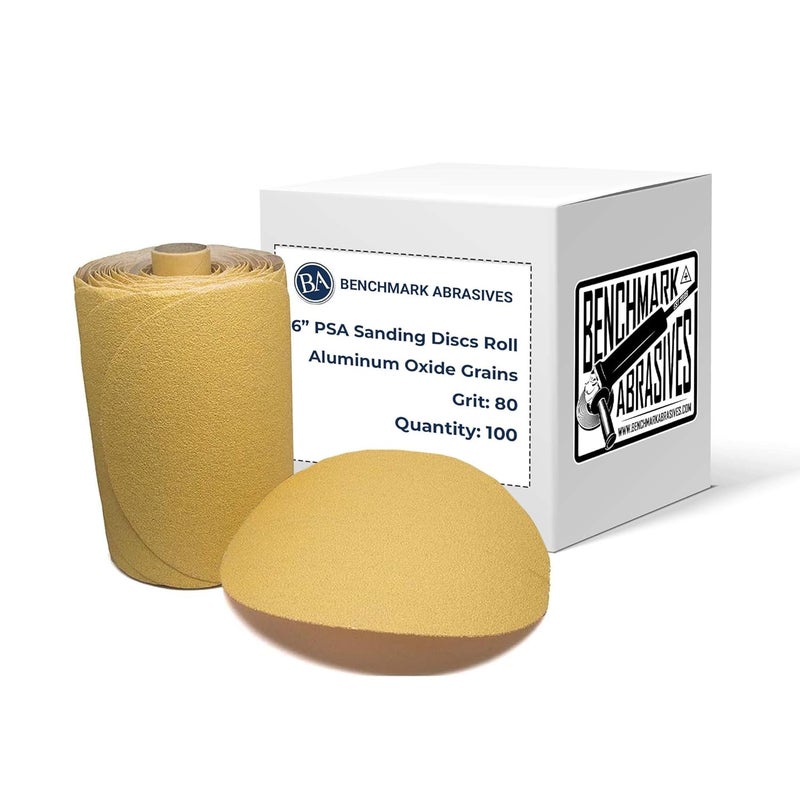 Benchmark Abrasives أقراص صنفرة ذاتية اللصق 6 بوصة من PSA مع حبيبات أكسيد الألمنيوم - لفافة أقراص صنفرة 6 بوصة - صنفرة سطحية مع آلات الصنفرة الدائرية (100 قرص)، 80 حبيبة - Image 1