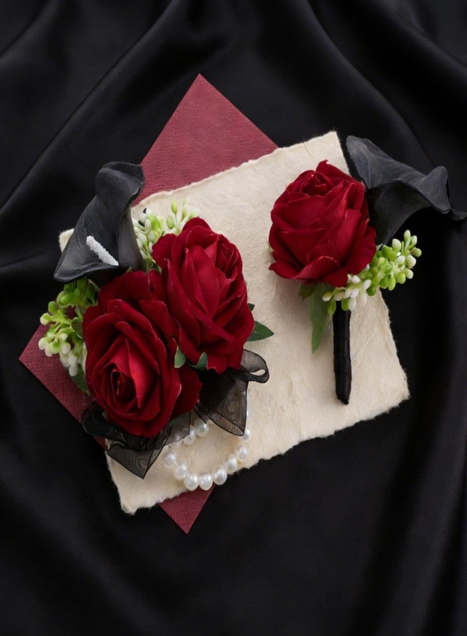 Sdfvsdg Red Rose Wrist Corsage Wristlet Band Bracelet and Boutonniere Set for Men Women Red Wedding Flower Prom Suit Accessories - Image 2