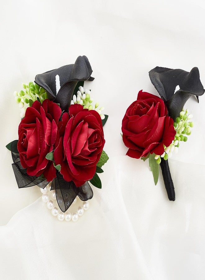 Sdfvsdg Red Rose Wrist Corsage Wristlet Band Bracelet and Boutonniere Set for Men Women Red Wedding Flower Prom Suit Accessories - Image 5