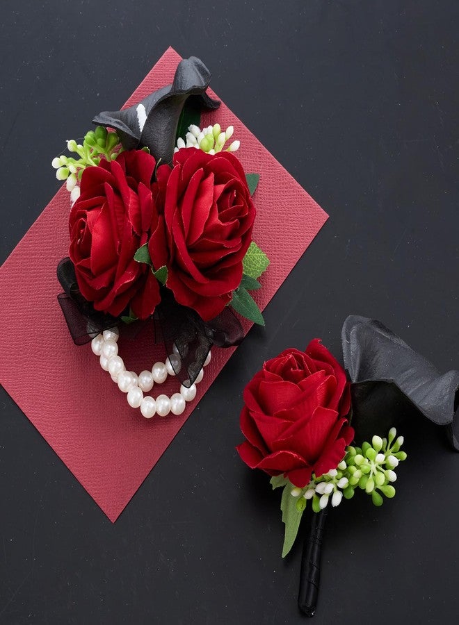 Sdfvsdg Red Rose Wrist Corsage Wristlet Band Bracelet and Boutonniere Set for Men Women Red Wedding Flower Prom Suit Accessories - Image 4