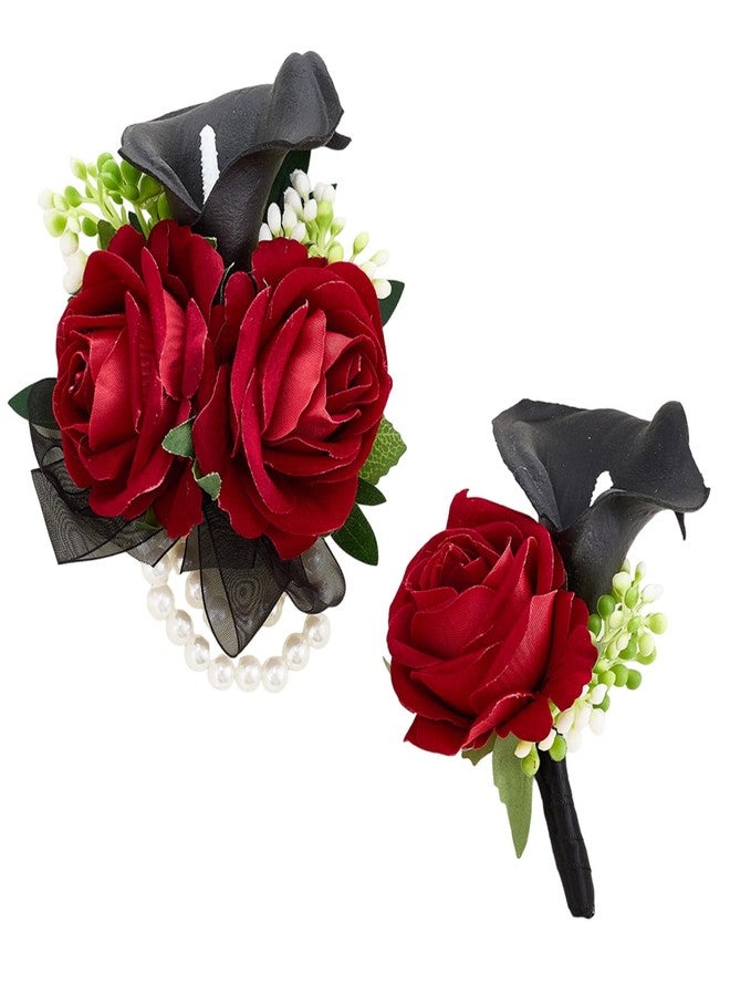 Sdfvsdg Red Rose Wrist Corsage Wristlet Band Bracelet and Boutonniere Set for Men Women Red Wedding Flower Prom Suit Accessories - Image 1