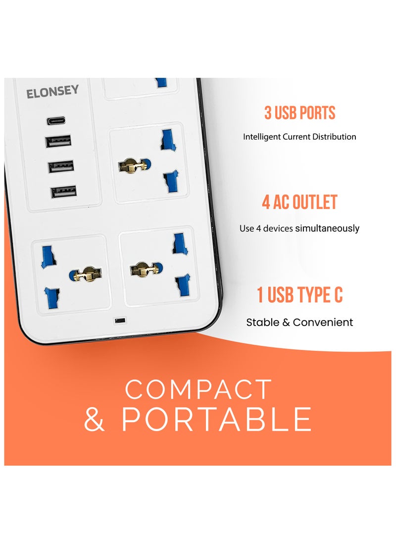 Universal Power Extension Cord with 4 Power Sockets and 3 USB Slots 4 Way Power Strip with USB C PD Charging Slots Extension Lead 3m - White