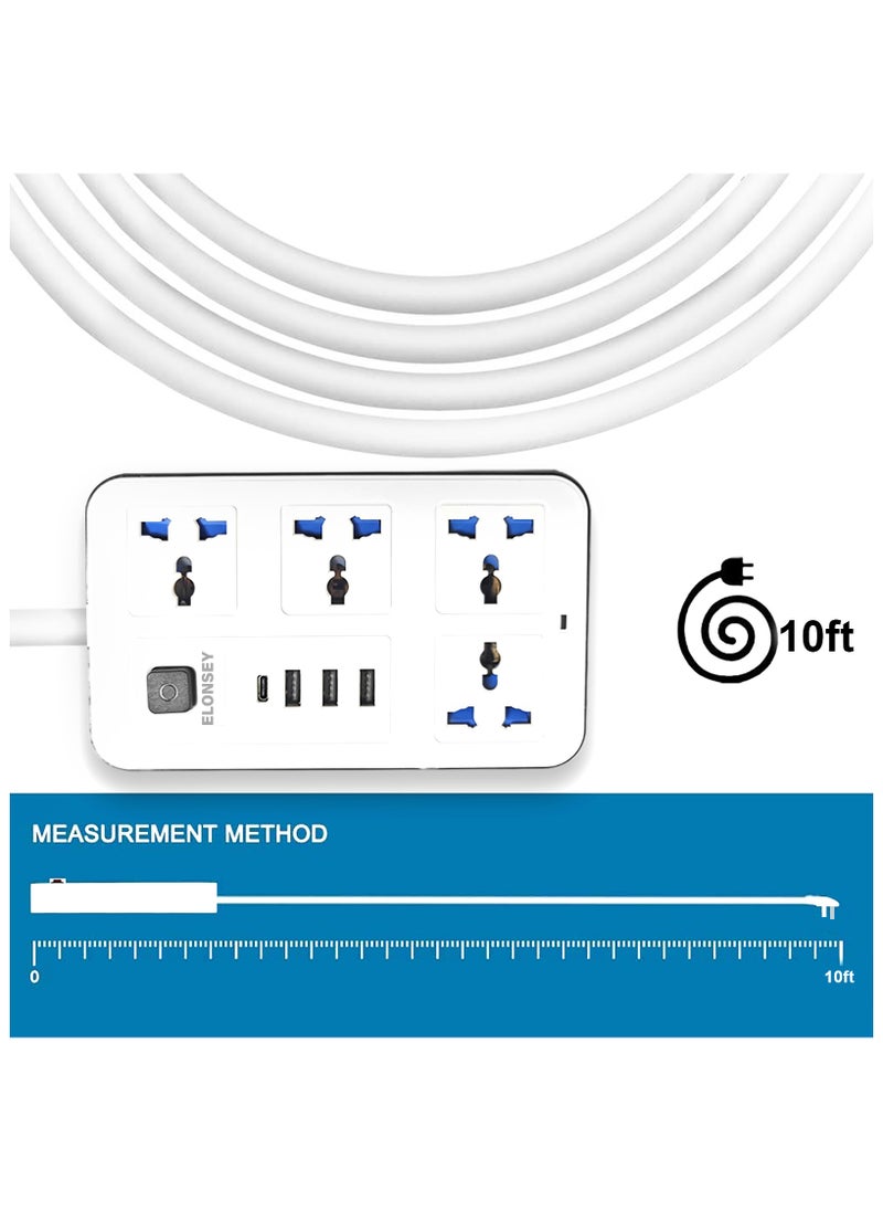 Universal Power Extension Cord with 4 Power Sockets and 3 USB Slots 4 Way Power Strip with USB C PD Charging Slots Extension Lead 3m - White