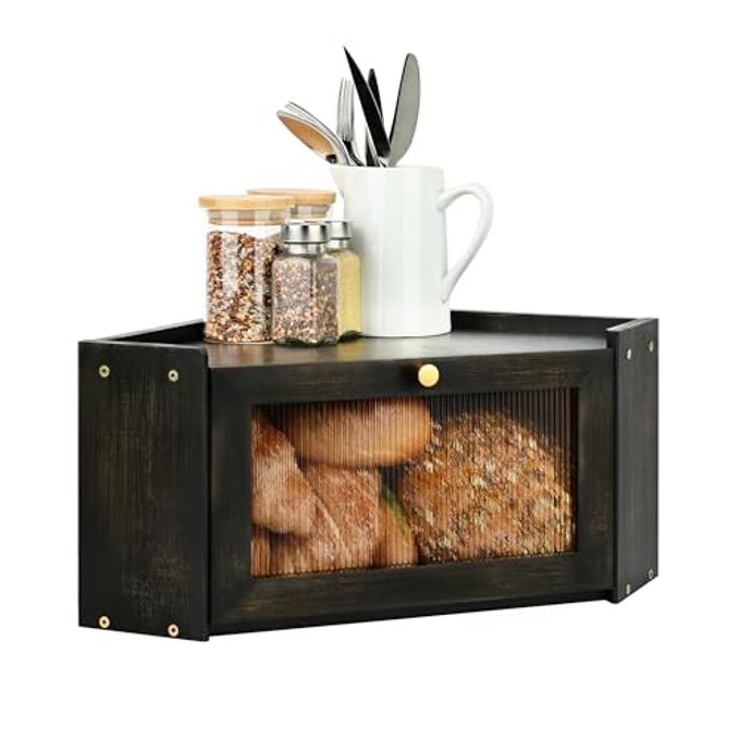 Ollieroo Vintage Coner Bread Box for Kitchen Countertop, Bamboo Bread Storage Container, Breadbox for Homemade Bread, Large Capacity Bread Bin(Black)