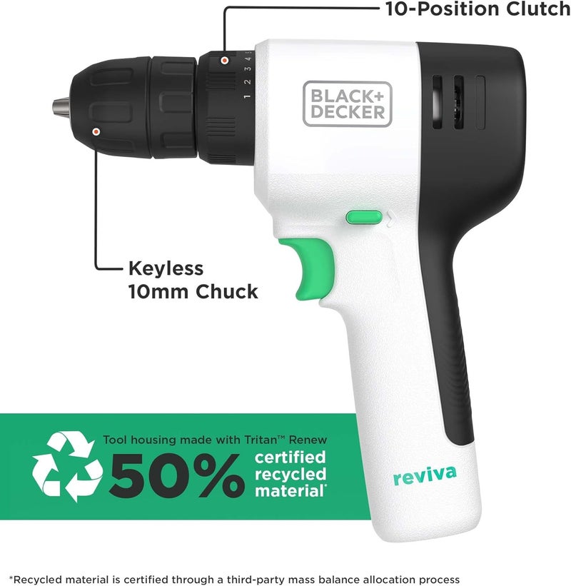 بلاك اند ديكر مثقاب ريڤيفا القوي اللاسلكي خفيف الوزن بقوة 12 فولت مصنوع من 50% مواد معاد تدويرها Revdd12C-Gb - Image 2