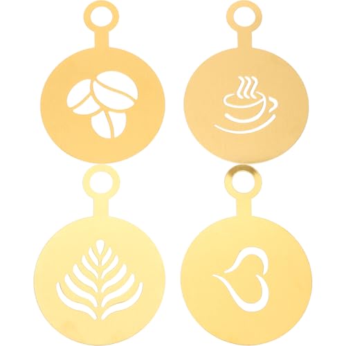 SHOWERORO 4Pcs Stainless Steel Coffee Stencils for Latte Art Easy to Clean Cappuccino Templates Milk Spray Tools for Home Decorating