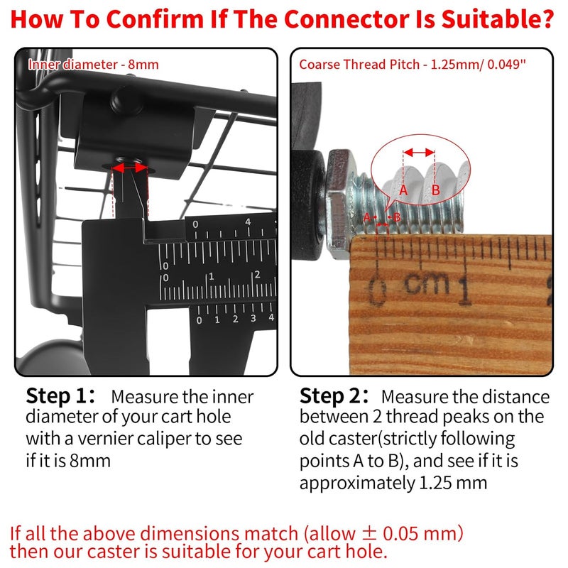 HOWDIA M8×1.25 Threaded Stem 1.5 Inch Nylon Swivel Caster Wheels with Brake – Floor-Protecting Light-Duty Replacement for Carts, Office Chairs & Furniture, Not fit for 5/16-18(30 kg Total, 4-Pack) - Image 4