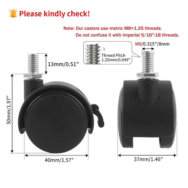 HOWDIA M8×1.25 Threaded Stem 1.5 Inch Nylon Swivel Caster Wheels with Brake – Floor-Protecting Light-Duty Replacement for Carts, Office Chairs & Furniture, Not fit for 5/16-18(30 kg Total, 4-Pack) - Image 2