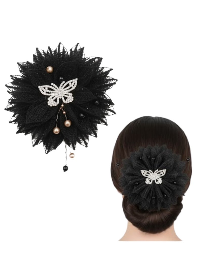 Dantiya Black Floral Hair Bun Shapers Clips for Women & Girls - Non-Slip Strong Hold Bow Hair Accessory with Pearl & Rhinestone Butterfly – Girls Fashion Hair Accessories for Styling, Pinning Bangs, Buns, Bridesmaid's Party, & Everyday Hairstyles - Image 1