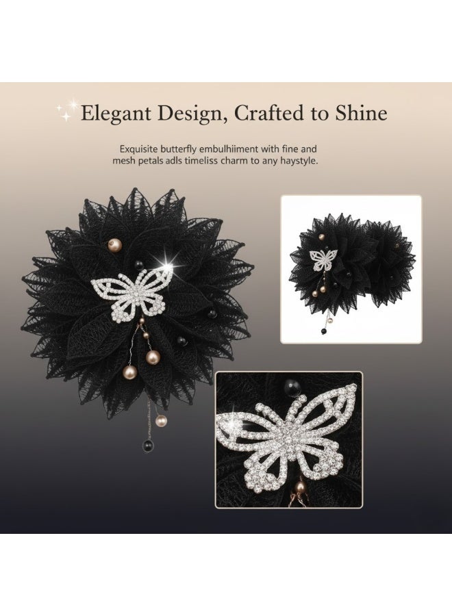Dantiya Black Floral Hair Bun Shapers Clips for Women & Girls - Non-Slip Strong Hold Bow Hair Accessory with Pearl & Rhinestone Butterfly – Girls Fashion Hair Accessories for Styling, Pinning Bangs, Buns, Bridesmaid's Party, & Everyday Hairstyles - Image 2